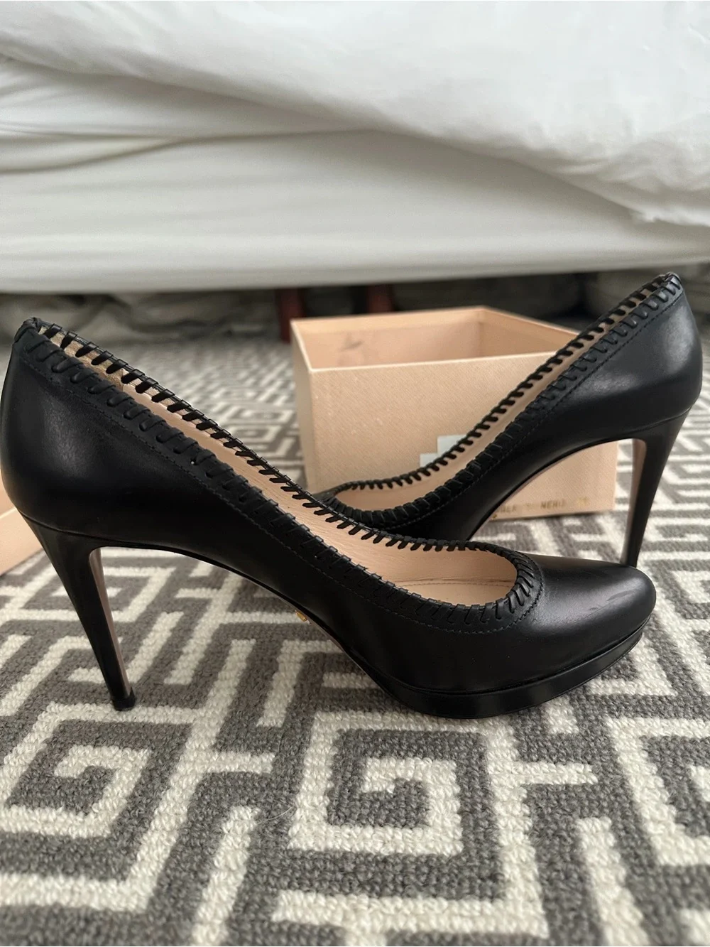 Prada Black Leather Stitched Trim High Heel Pumps